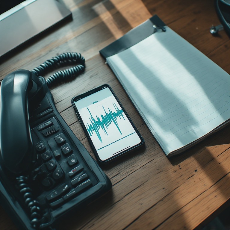 Ilustrasi ponsel berisi gelombang audio di samping telepon terpisah dan buku kontak tertutup.