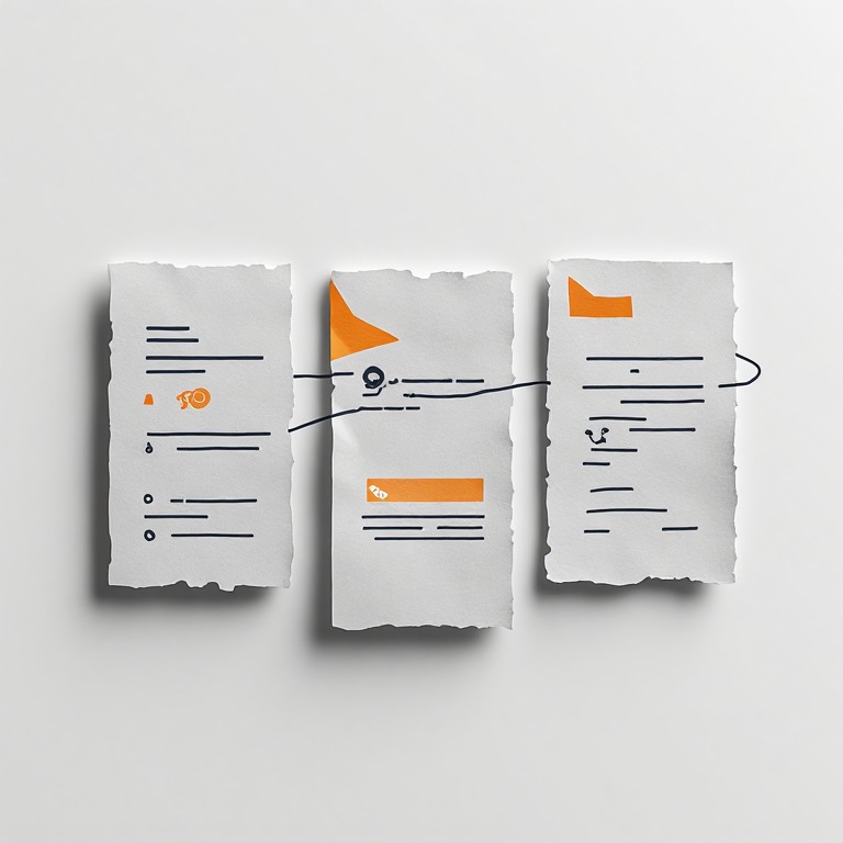 Tiga versi dokumen berurutan dengan penanda status terpisah pada versi di tengah.